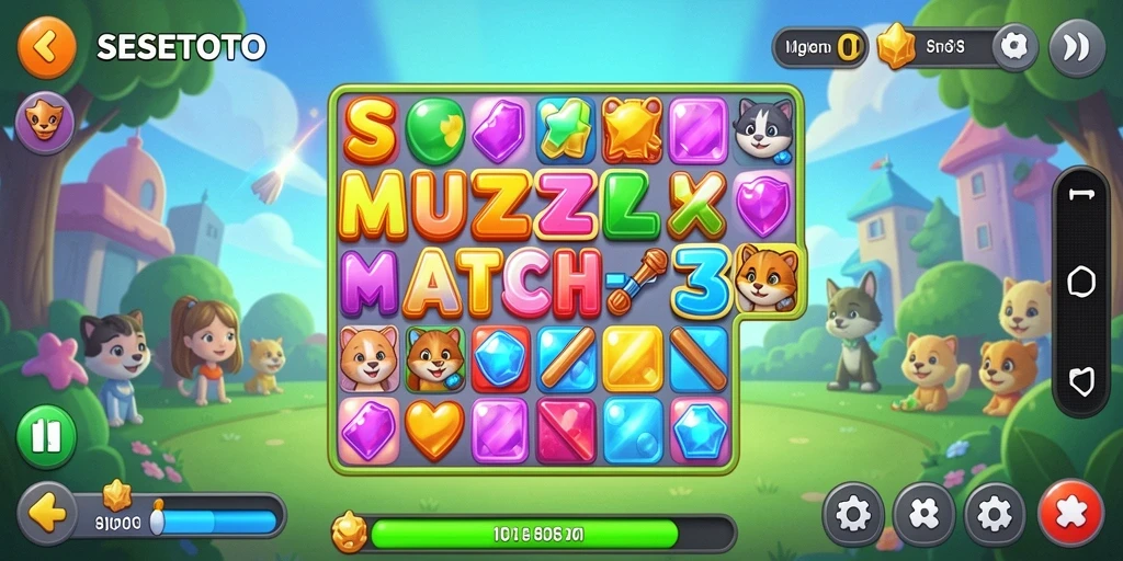Antarmuka menarik dari SESETOTO yang menggambarkan permainan Puzzle Match-3.